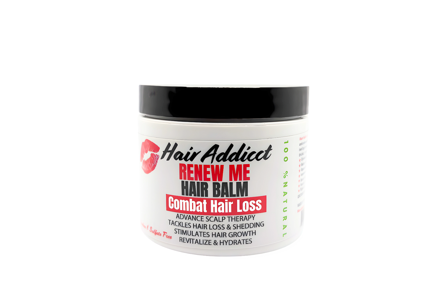 Hair Addicct Renew Me Hair Balm displayed on a white background, featuring its rich, restorative formula that seals moisture and strengthens hair.