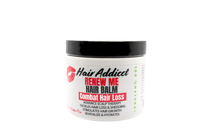 Hair Addicct Renew Me Hair Balm displayed on a white background, featuring its rich, restorative formula that seals moisture and strengthens hair.