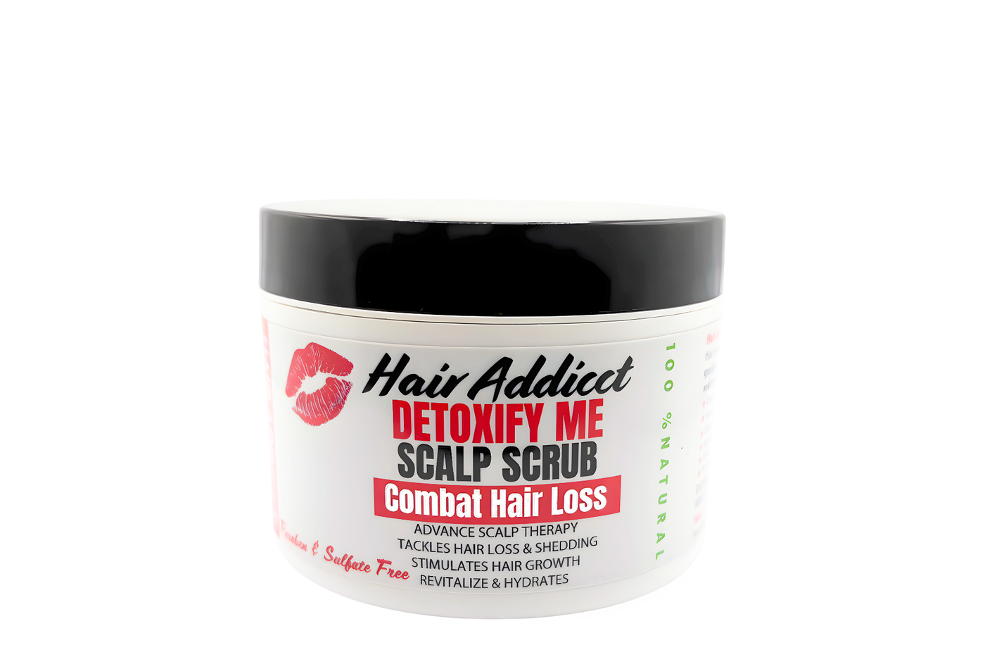 Hair Addicct Detoxify Me Scalp Scrub displayed on a white background, featuring its rich, restorative formula that seals moisture and strengthens hair.