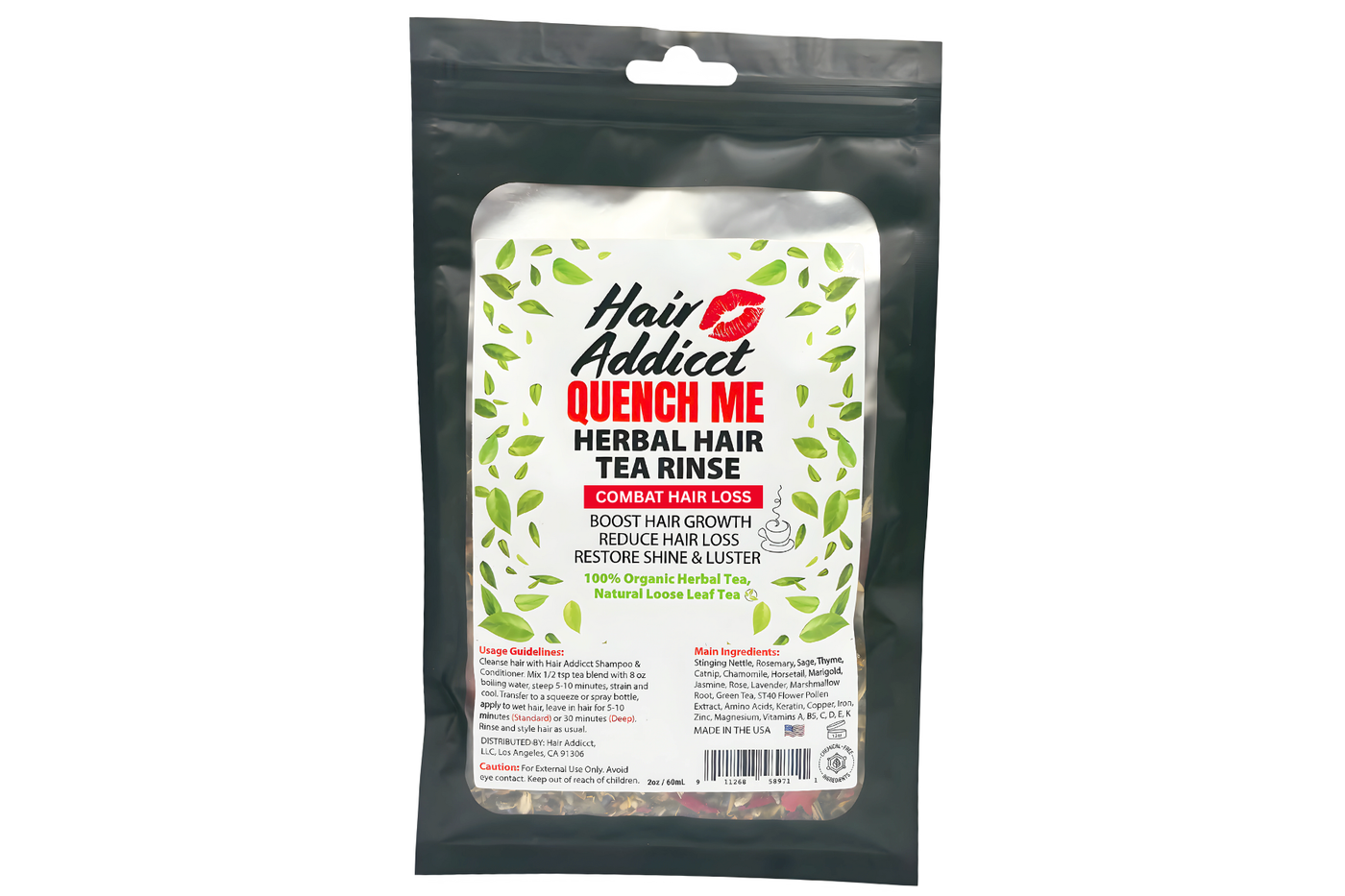 Quench Me Herbal Hair Tea Rinse by Hair Addicct promotes healthy growth and reduces shedding.