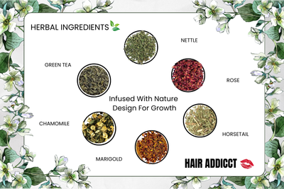 Hair Addicct herbal ingredients displayed on white backgound, highlighting the natural, growth-promoting rapid hair growth ingedients.