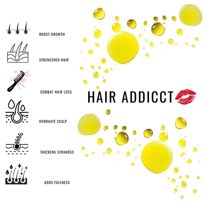 Hair Addicct promotional graphic for 'Hair Addicct' with icons and text on a white background.